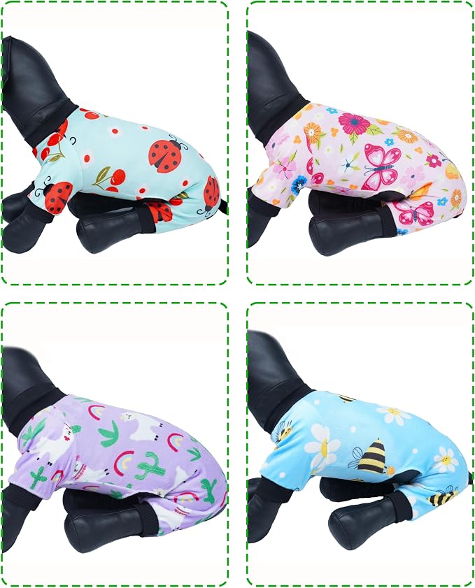 PET SHOW 4 Pack Spring Fleece Dog Pajamas Warm for Small Dogs | Soft stretchy dogs onesies,boy girl pjs with sleeve,holiday jumpsuit costume for small pets cats,S