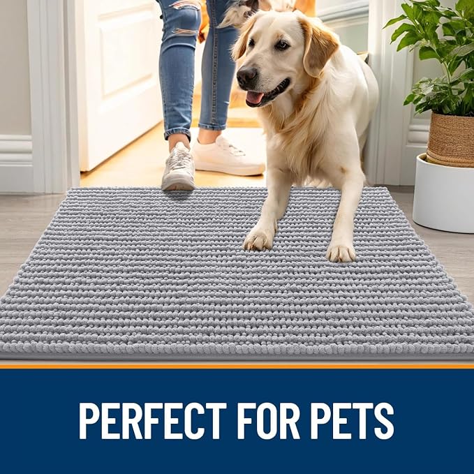 OLANLY Dog Door Mat for Muddy Paws 59x24, Extra Absorbent Chenille Mud Mat | Light Grey, Absorbs Moisture and Dirt, Non-Slip Machine Washable Doormat, Quick-Drying Indoor Entryway Floor Mat for Dogs