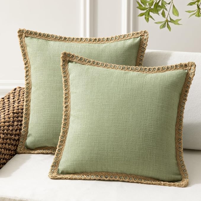 Phantoscope Pack of 2 Farmhouse Decorative Throw Decorative Pillow Cover Burlap Linen Trimmed Tailored Edges, Sage Green, 18 x 18 inches, 45 x 45 cm