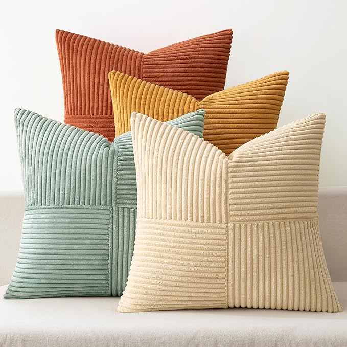 MIULEE Fall Teal-Orange Decorative Throw Pillow Covers 22x22 Inch Set of 4 Boho Corduroy Striped Cushion Cases Modern Farmhouse Patchwork Pillow Cases for Couch Sofa Bedroom Home Decor