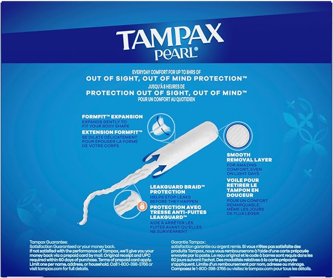 Tampax Pearl Tampons for Women, with LeakGuard Braid, Super Absorbency, Unscented, 50 Count (Pack of 3)