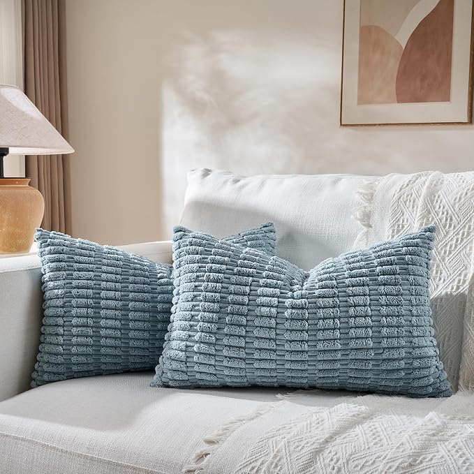 Fancy Homi Decorative Throw Pillow Covers for Bed Couch Bedroom Bench, Soft Corduroy Solid Pillow Case, Rustic Farmhouse Boho Room Decor,20" x 12" (Pack of 1),Light Blue