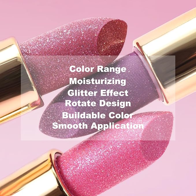 Metallic Lipstick Glitter Lip Stick Long Lasting Waterproof Shine Lip Crayon without Drying or Fading Sparkling High Pigmented Lip Stain Transfer-proof Wear Full Coverage Makeup for Women, 4