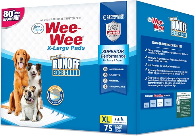 Four Paws Wee-Wee Superior Performance X-Large Dog Pee Pads, 75 Count | Puppy & dog potty training pads, housebreaking supplies, xl puppy pads, pet supplies, 24-hour floor protection, 28" x 34"