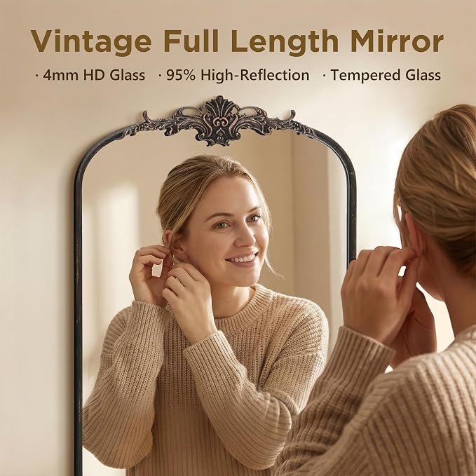 Besdomus Vintage Mirror Full Length: 21"x56" Black Long Arched Body Mirrors | French Floor Standing Metal Framed - Antique Baroque Traditional Ornate - Ideal for Foyer/Cloakroom/Bedroom/Dressing Room