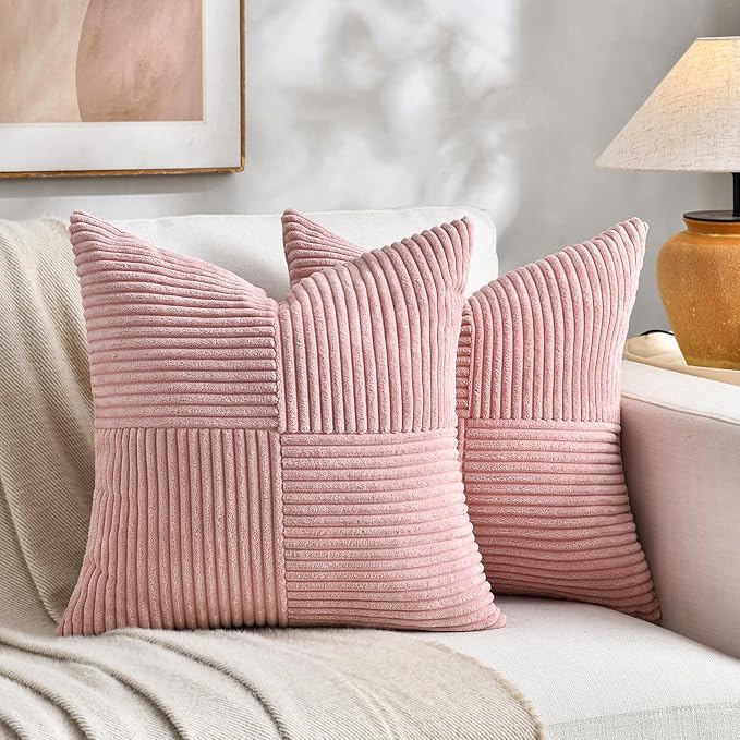 Fancy Homi Blush Pink Decorative Throw Pillow Covers 22x22 Inch for Living Room Couch Bed Sofa, Rustic Farmhouse Boho Home Decor, Soft Corss Corduroy Patchwork Accent Cushion Case 55x55 cm