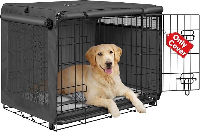 Seiyierr 48 Inche Dog Crate Cover, Double Door Dog Kennel Cover for Large Wire Dog Crate, Lightweight 600D Polyester Windproof Pet Crate Covers, Cover Only, Black