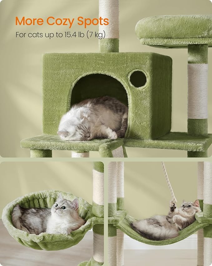 Feandrea Cat Tree, 81.1-Inch Large Cat Tower, Multi-Level Condo, Green | with 13 Sisal Scratching Posts, 2 Perches, 2 Cave, Hammock, Basket, Pompoms for Indoor Cats, Easy to Assemble, UPCT190C01
