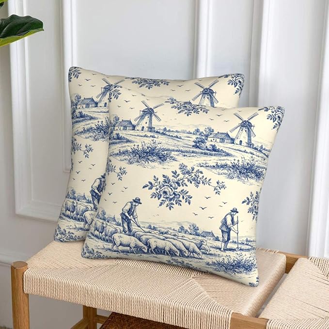 French Country Toile Pillow Covers 20x20 Set of 2, Blue & Cream Vintage Throw Pillow Covers Outdoor Decorative Pillow Case for Couch Bed Sofa Cushion Home Decor