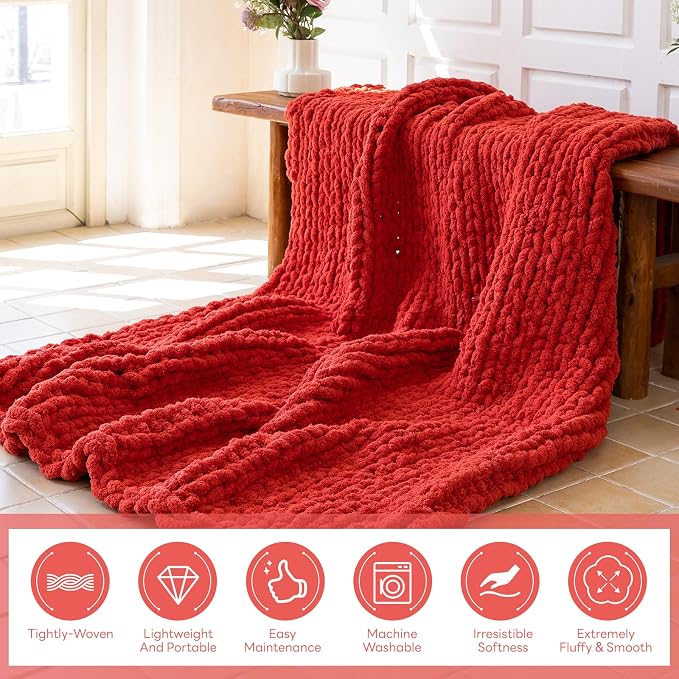 Chunky Knit Blanket - Luxury Soft Cozy 50 * 60 Throw Blanket,100% Woven Blanket Rope Knot Throw Blanket for Couch, Sofa, Home Decor, Gift - Machine Washable (Wine red, 50 * 60)