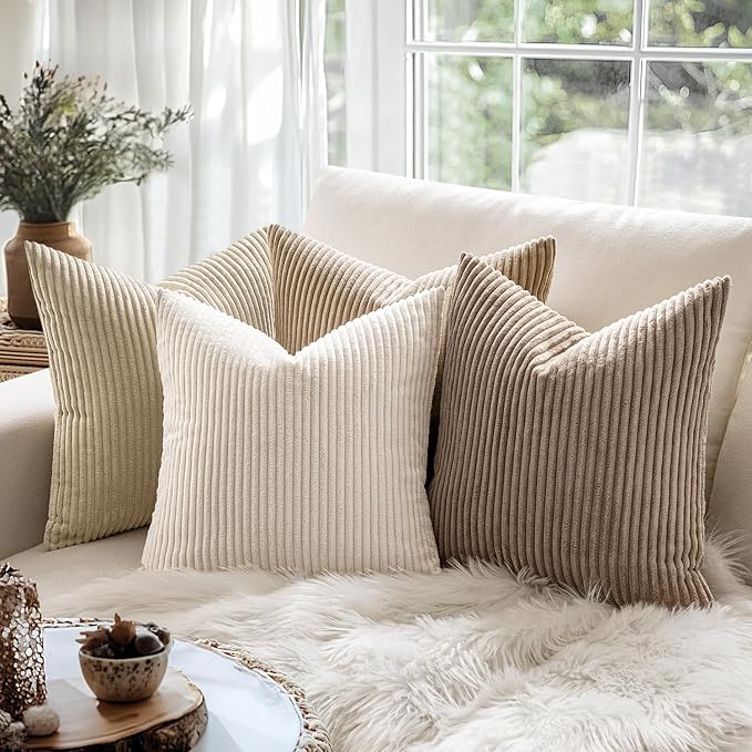 MIULEE Lumbar Soft Corduroy Throw Pillow Covers Set of 2 12x20 Cream White | Decorative Striped Textured Cushion Cases, Boho Pillowcases Neutral Home Decor, for Couch Chair Sofa Bed Living Room