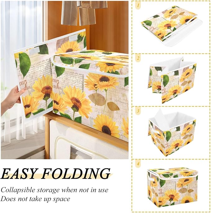 Yellow Sunflower Storage Bins with Lids and Carrying Handle,Foldable Storage Boxes Organizer Containers Baskets Cube with Cover for Home Bedroom Closet Office