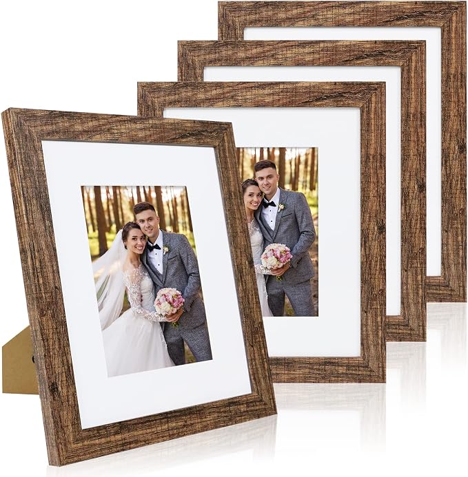 Hongkee 8x10 Picture Frame Set of 4, Made of Real Glass and Rustic Brown Wooden Frame, 8 by 10 Photo for Wall or Tabletop - Display Picture 5x7 with Mat or 8x10 Without Mat