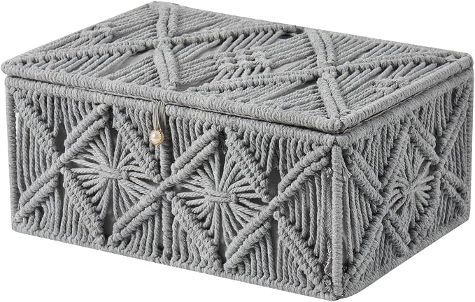 Decorative Boho Storage Baskets with Lid Natural Macrame Boxes | Handmade Cotton Rope Woven Bins, Shelf Desk Organizer Container for Jewelry Memory Keepsake Photo Makeup, Gray, Large