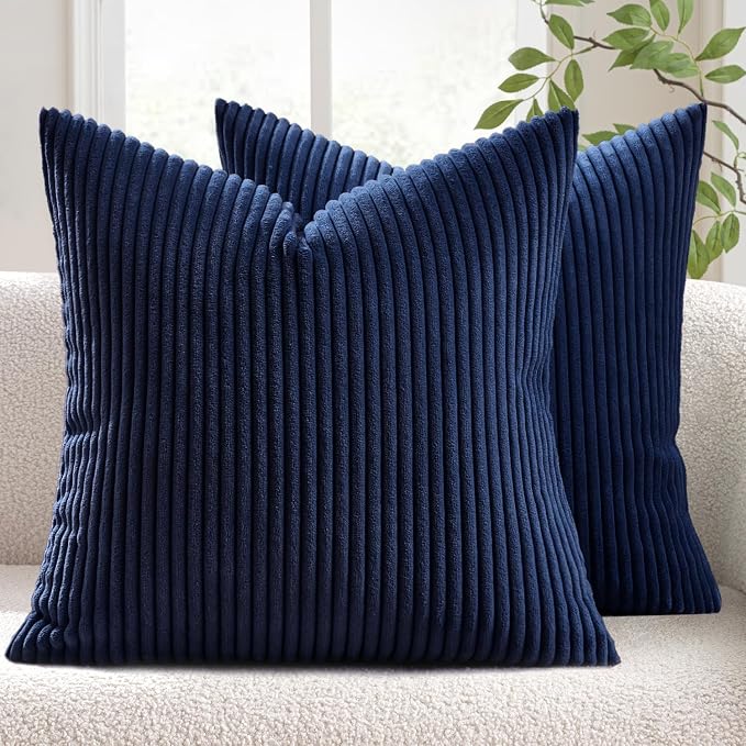 MIULEE Decorative Corduroy Throw Pillow Covers Set of 2 20x20 Dark Blue | Soft Striped Textured Cushion Cases, Boho Coastal Square Pillowcases for Home Decor, for Couch Chair Sofa Bed Living Room