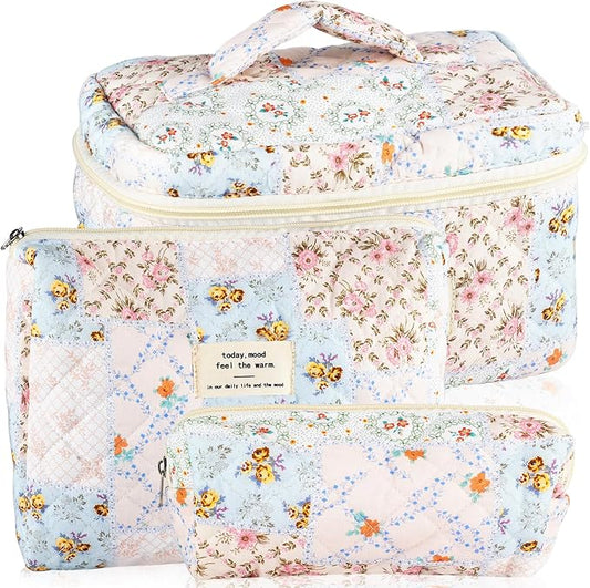 URSKYTOUS 3Pcs Cotton Quilted Makeup Bag for Women Girls Large Small Travel Floral Cosmetic Bags Set Cute Coquette Makeup Pouch for Purse Aesthetic Cloth Bee&Flower Storage Toiletry Bag Organizer