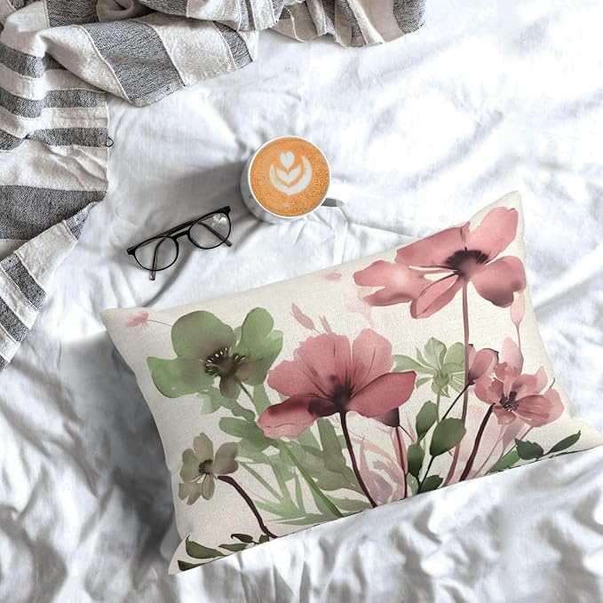 Spring Floral Pillow Covers 12x20 Inches Set of 2 Sage Green Pink Floral Throw Pillow Covers Outdoor Summer Flower Decoration Pillowcase Farmhouse Decorative Lumbar Cushion Cover For Home Sofa
