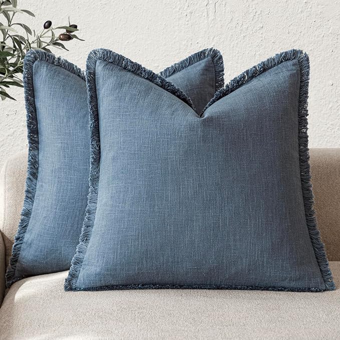 Foindtower Set of 2 Decorative Linen Fringe Throw Pillow Covers Cozy Farmhouse Cushion Cover with Tassels Accent Pillowcase for Couch Chair Sofa Bed Living Room Home Decor,24×24 Inch,Dark Blue