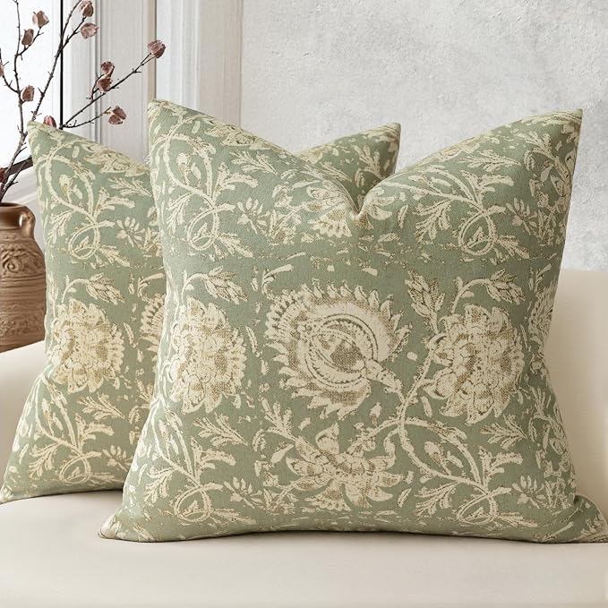 Vintage Floral Print Throw Pillow Covers 22x22 Set of 2 Neutral Modern Farmhouse Pillow Cases Accent Decorative Cushion Covers Boho Home Decor for Couch Sofa Chair Bed Living Room, Sage