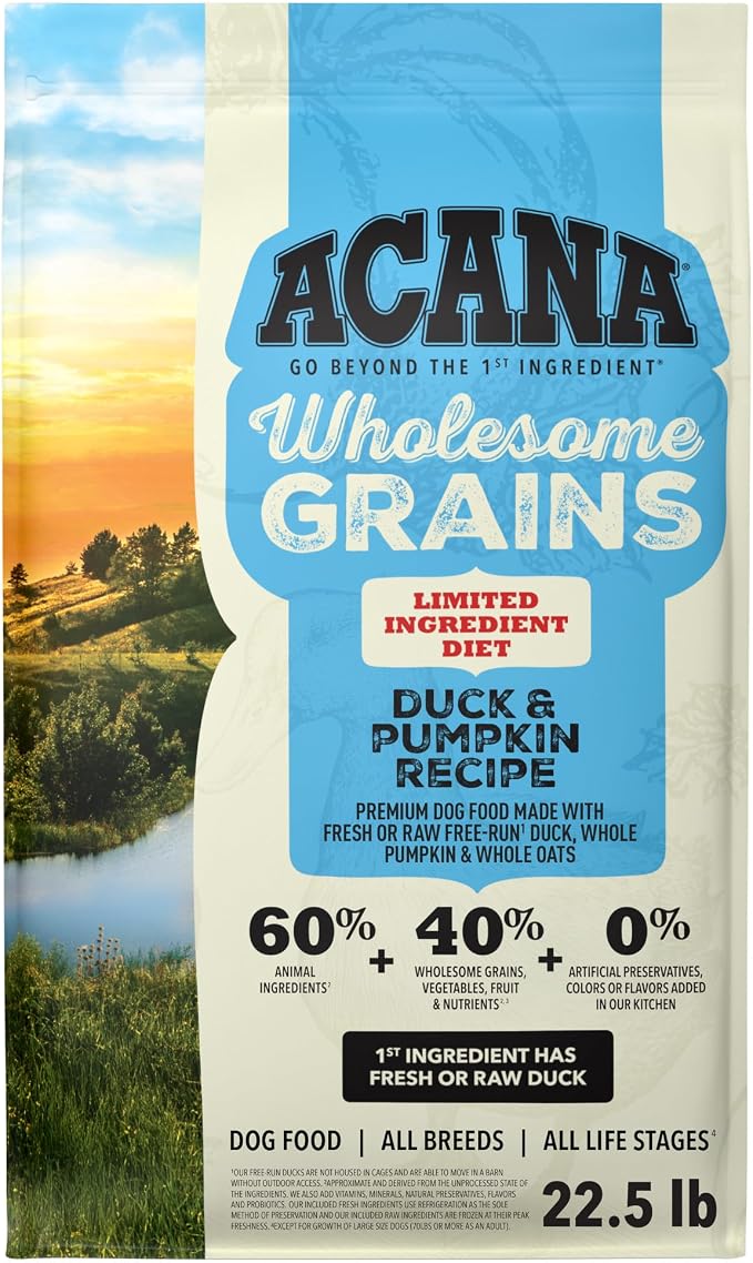 ACANA Wholesome Grains Dry Dog Food Duck & Pumpkin 22.5lb Bag | High Protein, Made in the USA, Includes Probiotics, Limited Ingredient, Global Quality Ingredients