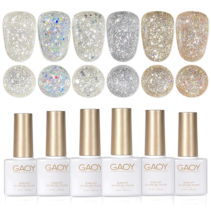 GAOY Glitter Gel Nail Polish Set, 6 Colors Silver Gold Champagne Sparkly, Soak Off UV Cure Gel for DIY Manicure at Home