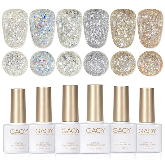 GAOY Glitter Gel Nail Polish Set, 6 Colors Silver Gold Champagne Sparkly, Soak Off UV Cure Gel for DIY Manicure at Home