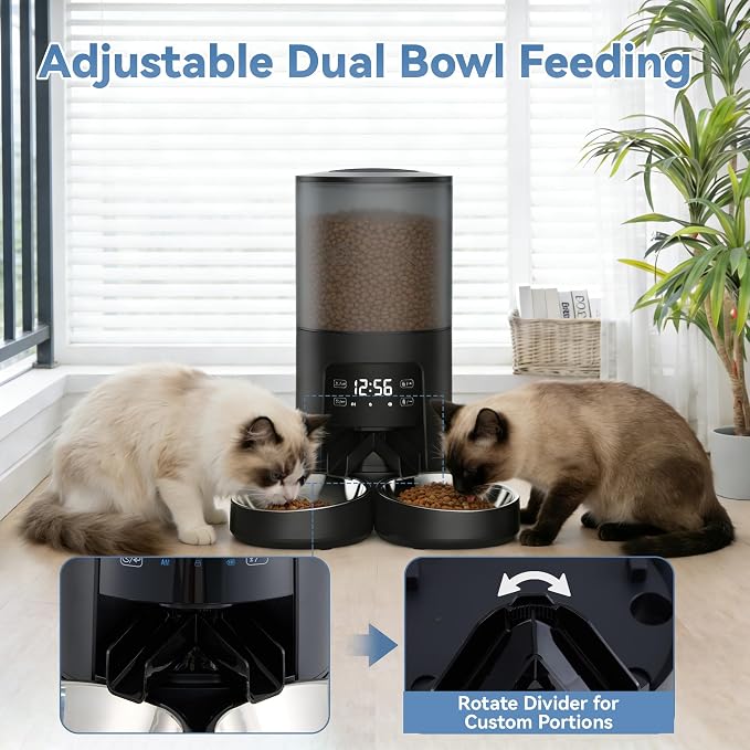 Sweetcrispy Automatic Cat Feeder for 2 Cats, 6L Automatic Pet Feeder, Black | 25.3 Cups, 2 Stainless Bowls, Programmable Schedule, 6 Meals/Day, 50 Portions/Meal, Dual Power Supply, 10s Meal Call