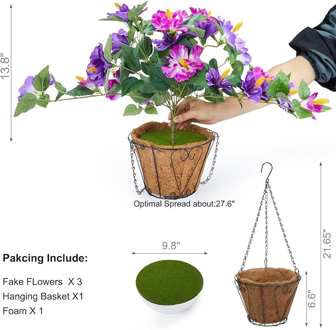 INXUGAO Artificial Flowers for Outdoors Indoors,3 Bunches Fake Hibiscus with Hanging Basket Realistic UV Resistant Silk Flower Leaves,Faux Plant for Outside Home Patio Garden Poch(Purple,Fuchsia)