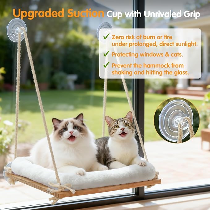 Large Cat Window Perch Hammock, Solid Wood Seat & Plush Cushion | 4 heavy-duty suction cups, sturdy wooden perch for XL & large cats, comfortable indoor window cat bed & hammock