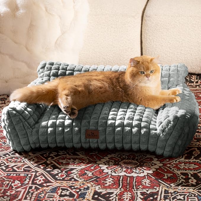 Cat Couch Bed with Fluffy Faux Rabbit Fur for Indoor Cats, 30 Inch | Cute Fuzzy Cat Sofa Recliner With Washable Cover, Suppportive Cozy Pets Couch in 3D Diamond Pattern, Grey
