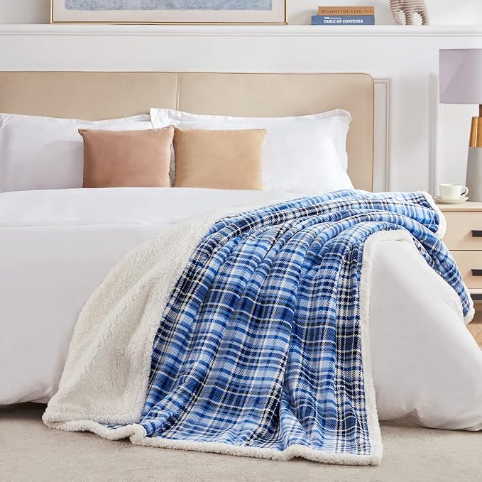 Sherpa Plaid Throw Blanket(60" X 70", Plaid Blue), Fuzzy Fluffy Cozy Soft Blanket, Fleece Flannel Plush Twin Size Microfiber Blanket for Couch Bed Sofa