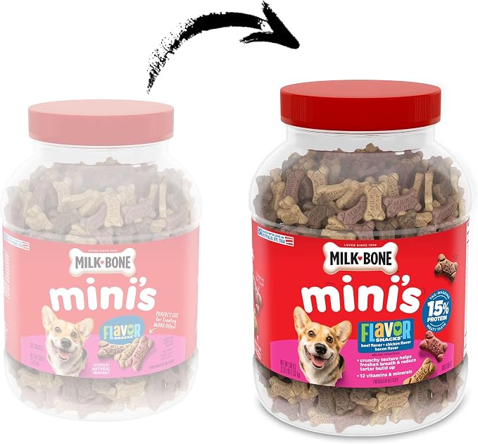 Milk-Bone Flavor Snacks Mini’s Dog Biscuits, Flavored Crunchy Dog Treats, 36 Oz. Canister | 5 calories per treat, 15% protein, 3 flavors per canister (beef, chicken & bacon, naturally & artificially flavored)