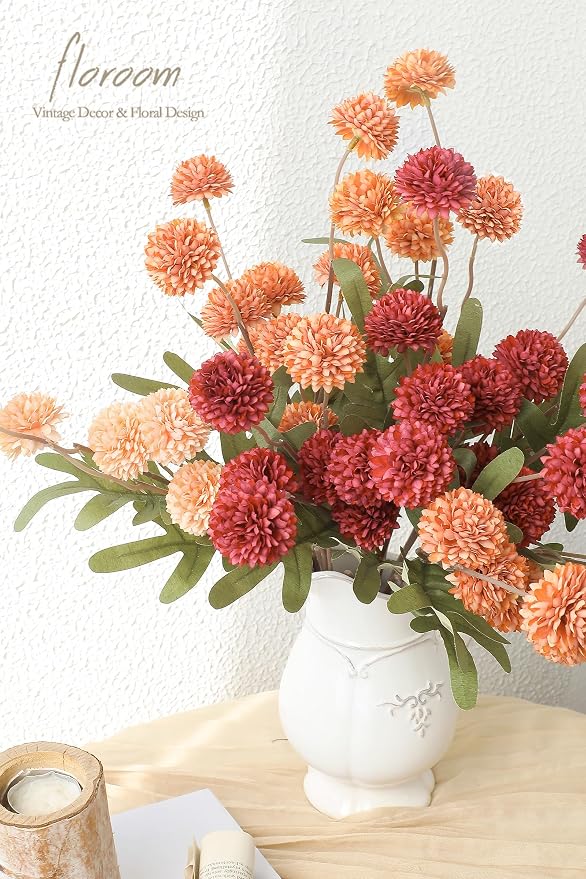 9pcs Dark Red Burnt Orange Mix Faux Silk Mums Artificial Flowers, Bulk Fake Small Mini Chrysanthemums with Stems for DIY Wedding Centerpieces Floral Arrangements Vase Fillers Home Decorations