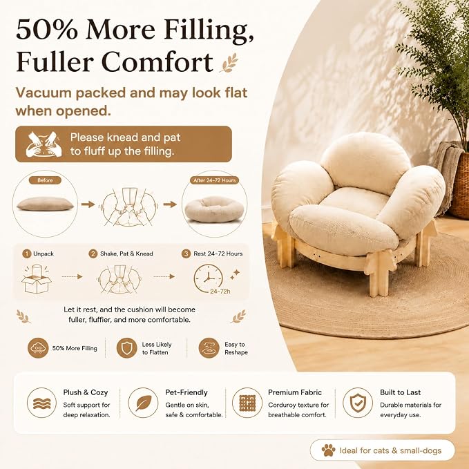 Wooden Elevated Cat Bed, Pet Sofa Furniture with Washable Cushion (Beige) | Soft Beds with Extra Filling prevent flattening, while Stable Wooden Frame with Base Board supports 50 lbs for Kitty & Puppy.