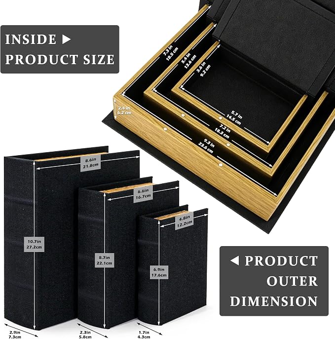 Jolitac Decorative Book Boxes, Faux Linen & Wood, Set of 3 | Stackable hidden storage containers, handcrafted, for coffee table, shelf decor, remotes & jewelry
