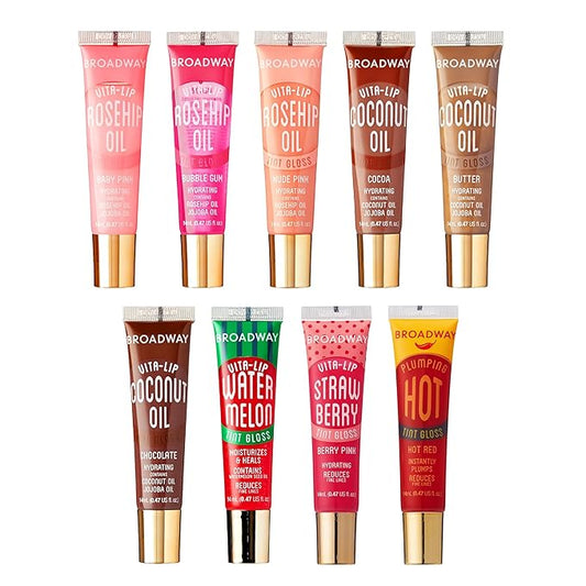 Ruby Kisses Broadway Vita-Lip Tinted Lip Gloss (9 Pack) Ultra-Hydrating, Nourishing, Soothing Formula with Vitamins, High-Shine Non-Sticky Lip Balm with Rosehip+Coconut Oil, Pink, Red & Brown Shades