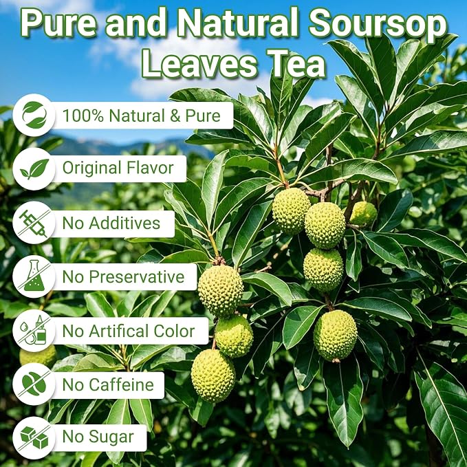 Soursop Leaves Tea Bags, Premium Soursop Graviola Leaves Herbal Tea, Pure & Natural Soursop Leaves for Digestion, Support Healthy Skin & Sleep, No Additives, Caffeine Free (100 Bags/2 Pack)