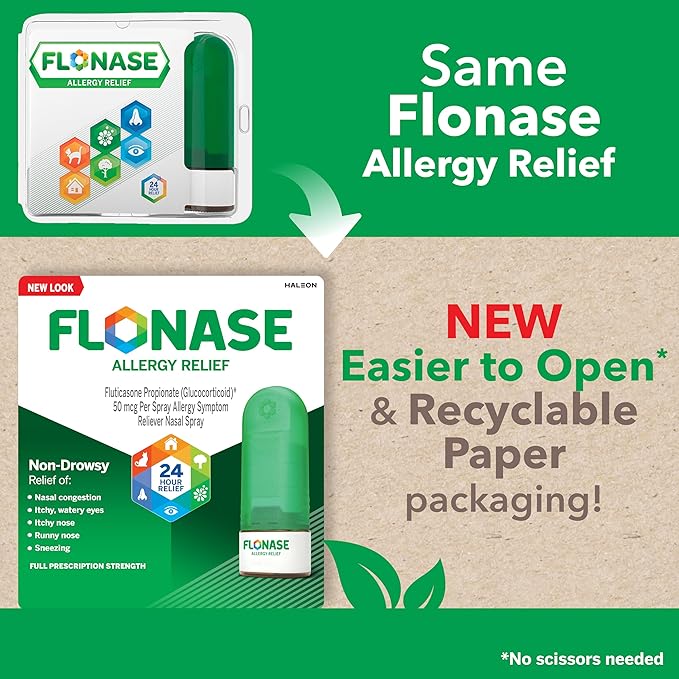 Flonase Allergy Relief Nasal Spray, 24-Hour Non-Drowsy Multi-Symptom Relief – 144 Sprays (Pack of 2) plus Bonus Pack of Tissues