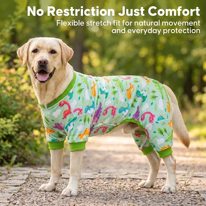 KYEESE Velvet Dog Pajamas for Large Dogs Soft Onesie Shirt, Dinosaursk | 4-Way Stretch, Lightweight & Breathable, Reduces Shedding, Gentle on Sensitive Skin, Recovery Support, Easy Potty Breaks