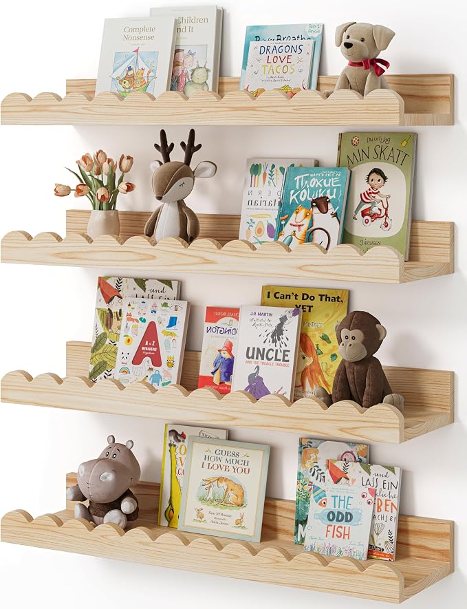 Shario Nursery Book Shelves, 4-Pack Wood Floating Shelves for Wall Kids, Scalloped Shelves, Wall Book Shelves for Bedroom Kids, Toddler Room, Baby Room, Nursery Decor(Wood, 16.5 Inches)