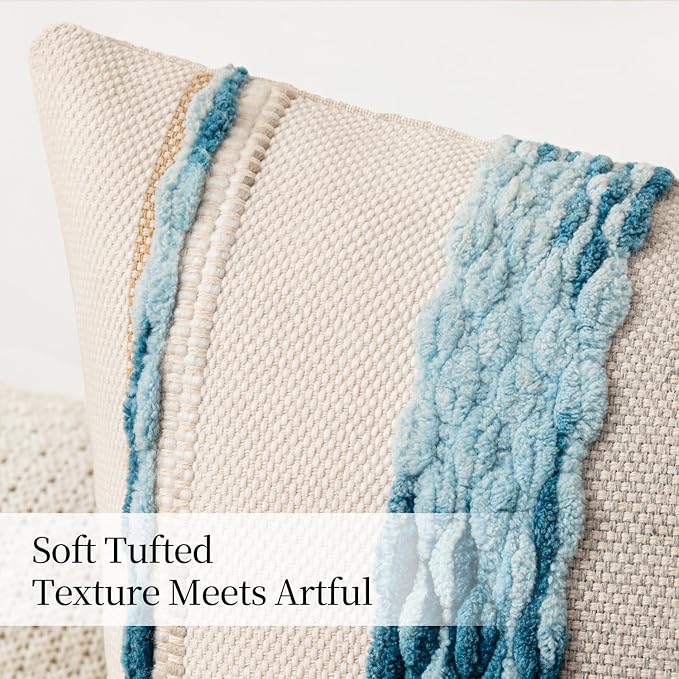 ANRODUO Boho Decorative Pillow Covers 18x18 Pack of 2 Sky Blue Stripe 2 | Throw Pillow Covers, Farmhouse Cushion Case, Chenille Pillow Cases, Pillow Covers, Neutral Pillowcase for Sofa Couch Bed
