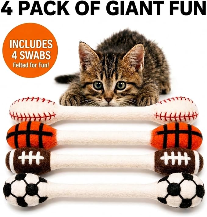 Glaciart One Swabs Cat Toys with Catnip - 4 Pk | Durable for Chew, Cute Cat Toys Interactive Kitty for Boredom, Exercise, & Play | Filled w/Organic Catnip for Anxiety & as Digestive Aid | Gift Idea