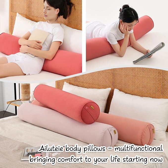 Body Pillow for Adults, Coral Peach, 59" x 7.87" | Long Round Pillow, Big Cylindrical, Full Bolster, For Side Sleepers