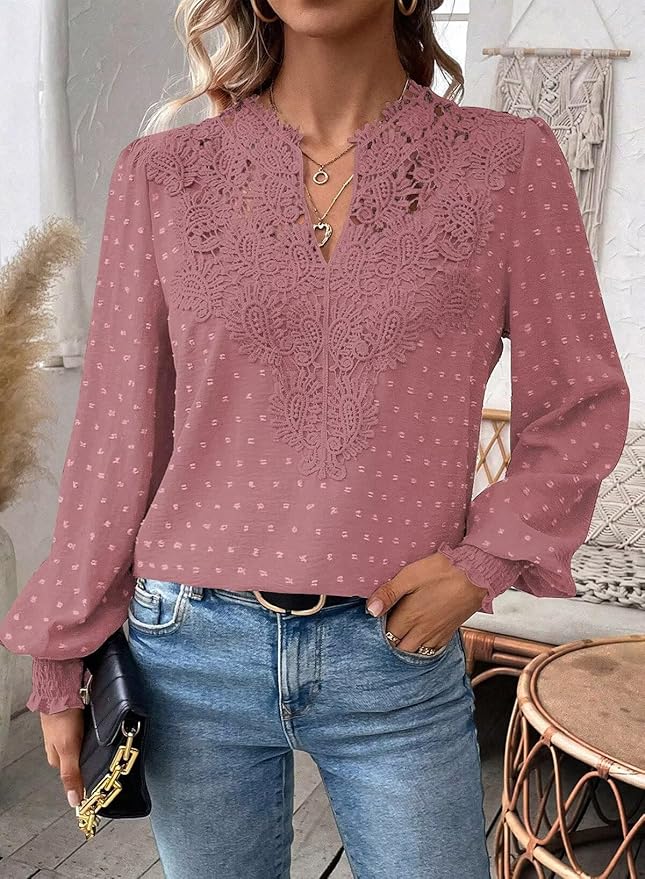 Womens Tops Swiss Dot Boho Long Sleeve Shirts V Neck Casual Chiffon Blouses Flowy Lace Hem Cute Clothing Trendy 2026