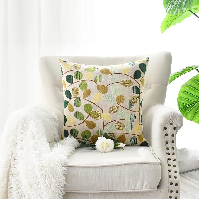 CaliTime Decorative Throw Pillow Covers 20 X 20 Inches Ecru Green | Luxury Chenille Cute Leaves Cushion Case Shell for Couch Sofa Bed Living Room Home