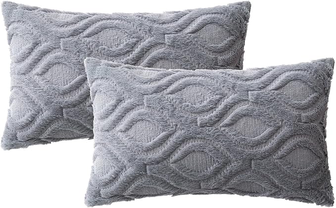 MIULEE Grey Blue Soft Plush Faux Wool Lumbar Throw Pillow Covers 12x20 | Set of 2, Farmhouse Boho Home Decor, Decorative Cushion Covers for Sofa, Living Room, Bed