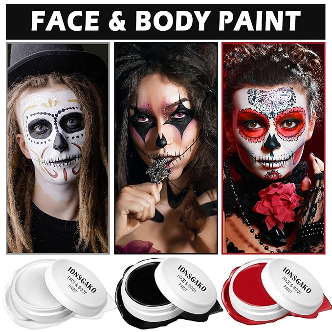 3PCS Clown Makeup Kit Black White Red Face Body Paint Professional Oil Based Body Face Paint Foundation Makeup for Halloween Special Effects SFX Zombie Clown Vampire Skeleton Makeup Kit