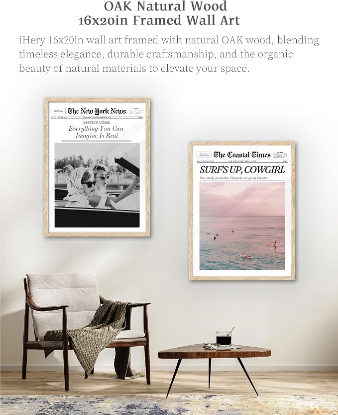 iHery 16x20in Surf’s Up Cowgirl Framed Newspaper Wall Art | Natural OAK Wood Frame with Canvas Print, Coastal Cowgirl Decor for Bedroom, Dorm, Living Room and Bar Cart, 1Pack