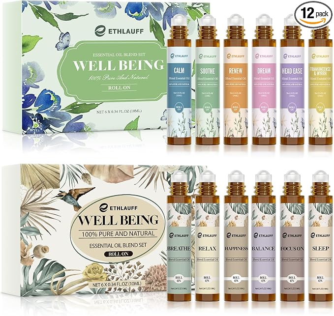 Essential Oils Roll On Set 12 Pack -(Calm, Renew, Soothe, Dream, Head Ease, Frankincense & Myrrh) Relaxation Self Care Gifts,Aromatherapy Oil with Roller Ball - Stress Relief Gifts for Women and Men