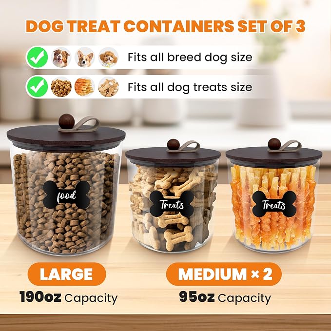 HOYTAMDAR 3 Pack Airtight Dog Treat Containers Bamboo Lids, Dog Treat Jars